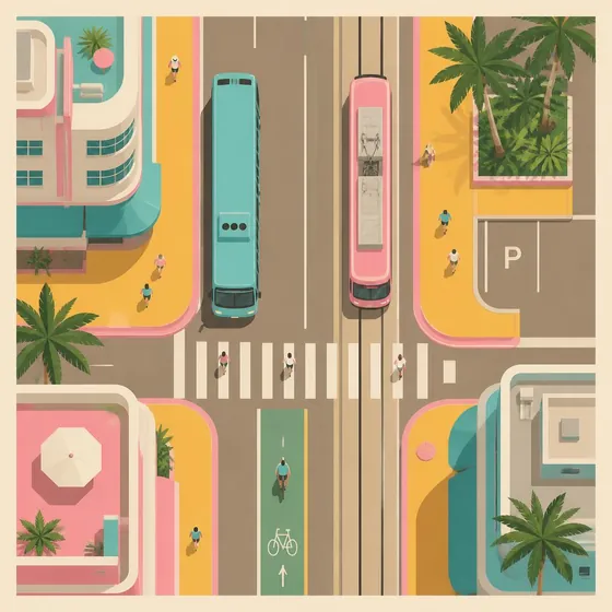 Stationnement, bus, tram, piétons et cyclistes vus du dessus